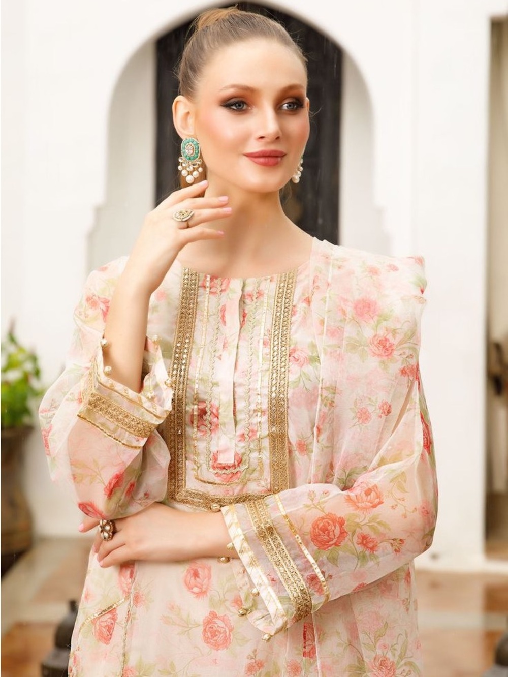 Delicate Pink & Cream Floral Sheer Tunic with Gold Trim